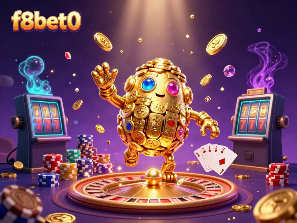 Experience thrilling gaming with f8bet0's sparkling 3D casino illustration featuring a golden golem and vibrant games.