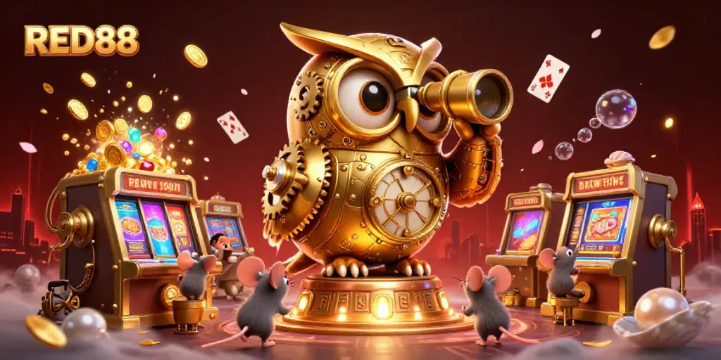 Experience the thrill at RED88 with an engaging 3D illustration of vibrant casino elements and characters.