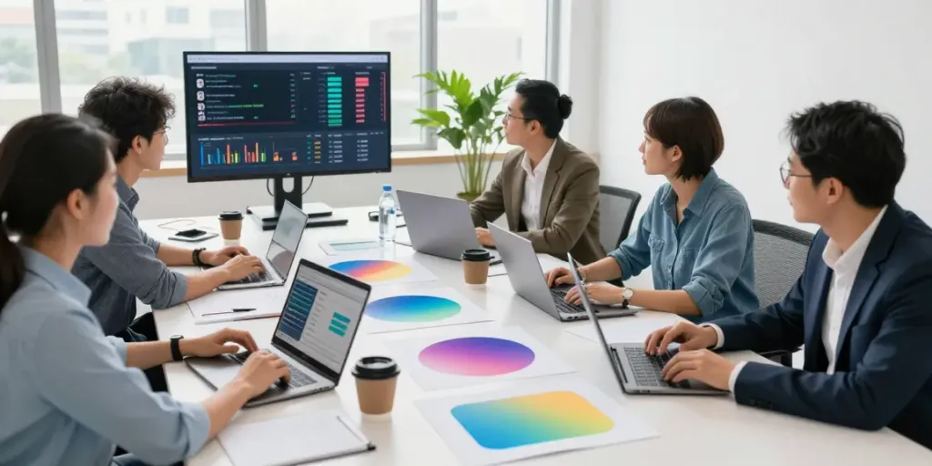 Collaboration in a modern office showcasing the WordPress helpdesk plugin features.