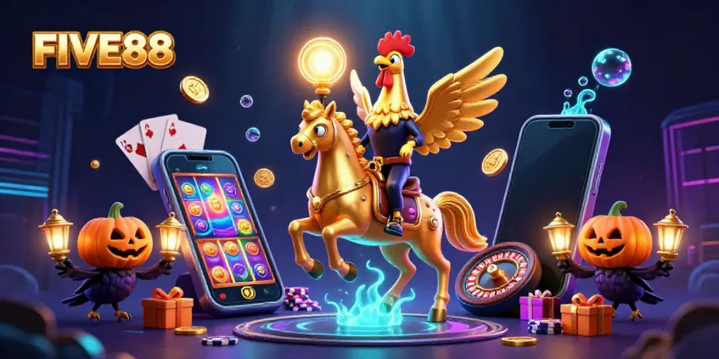Engage in thrilling gameplay with FIVE88's vibrant casino scene featuring slot games and unique characters.