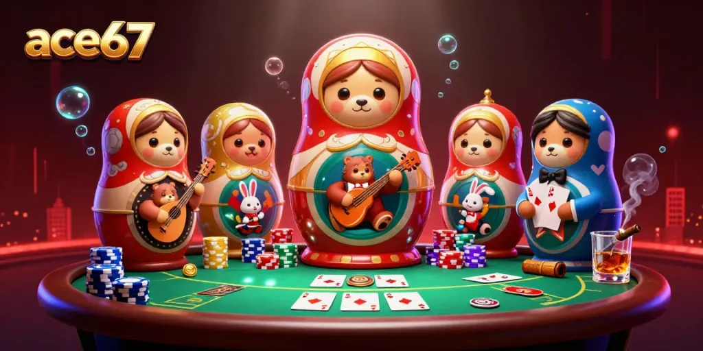 Experience the vibrant ace67 gaming atmosphere with unique casino characters and elements in 3D.