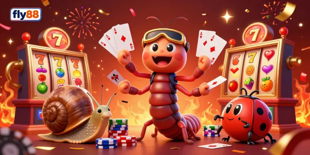Engage with fly88's vibrant casino scene featuring a millipede dealer and high-roller snail.