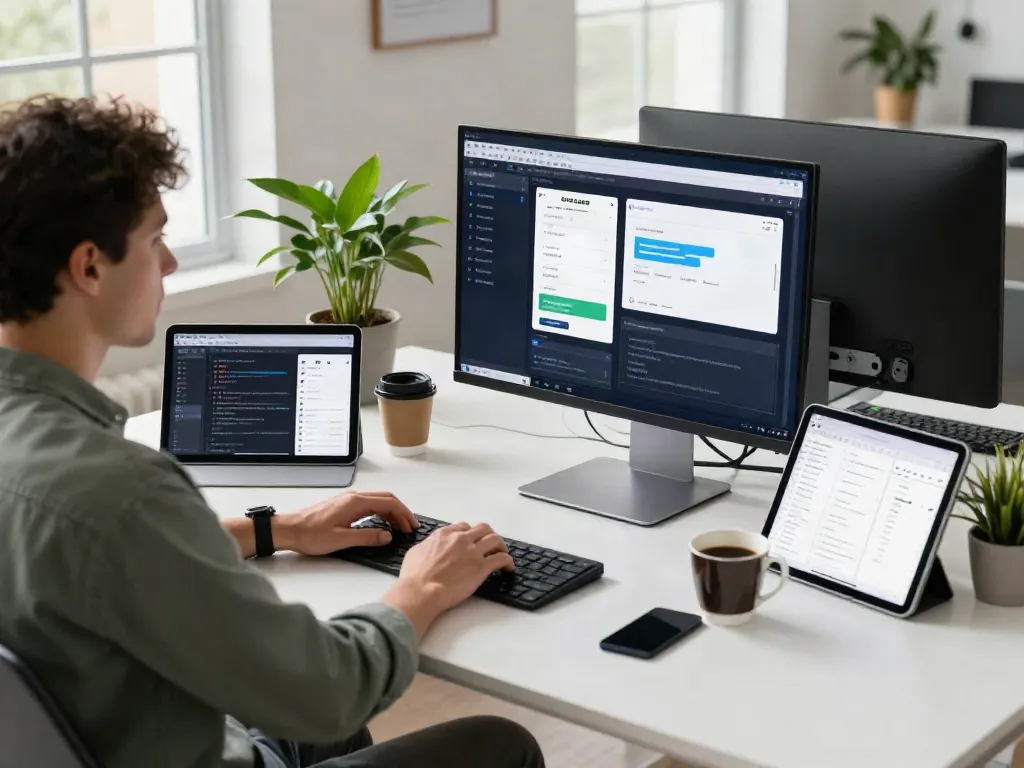 Engineer developing an apk file in a modern office workspace.