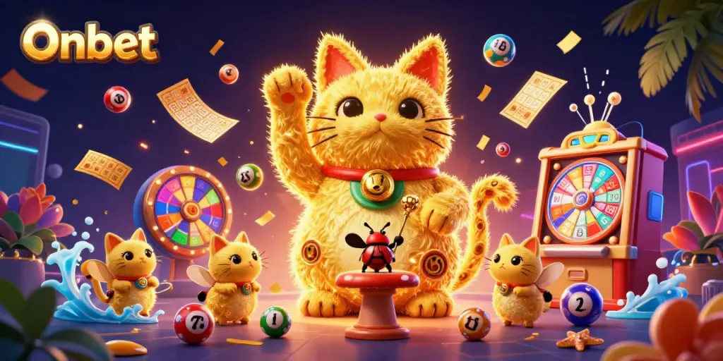 Onbet casino features vibrant animations with lottery, bingo, and prize elements in a dynamic scene.