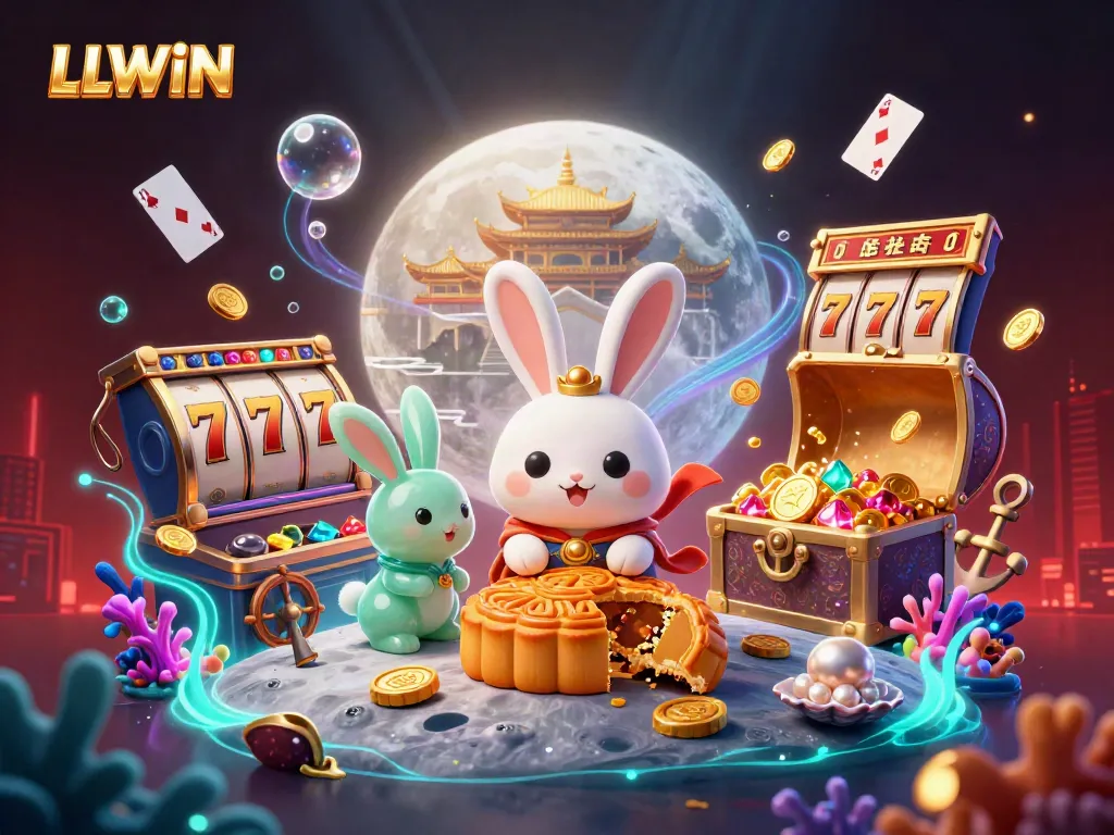 Experience LLWIN's thrilling slot adventure with a whimsical moon rabbit themed illustration showcasing unique casino elements.