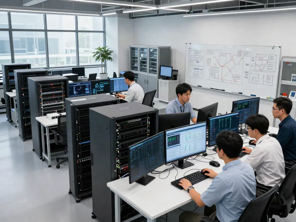 Engineers collaborating on AI infrastructure in a modern tech facility with GPU servers.