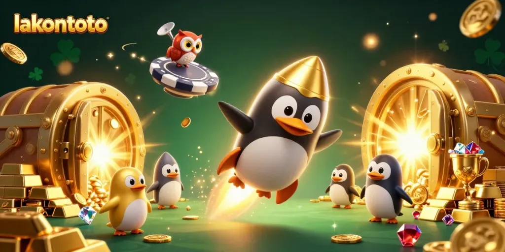 Lakontoto menghadirkan ilustrasi kasino dengan penguin emas dan elemen jackpot yang menakjubkan.