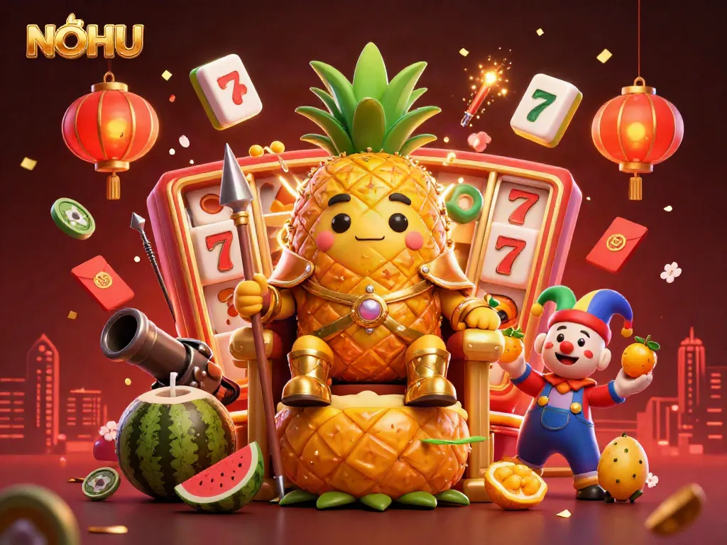 Engaging NOHU casino scene featuring a golden pineapple king, surrounded by game elements like slot reels and jade coins.