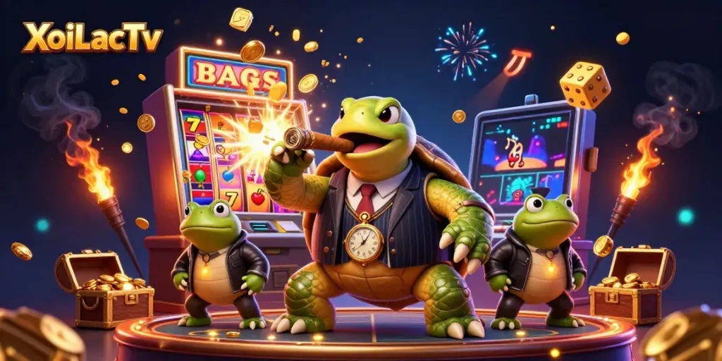XoiLacTv showcases a snapping turtle in a fancy suit surrounded by exciting casino elements.