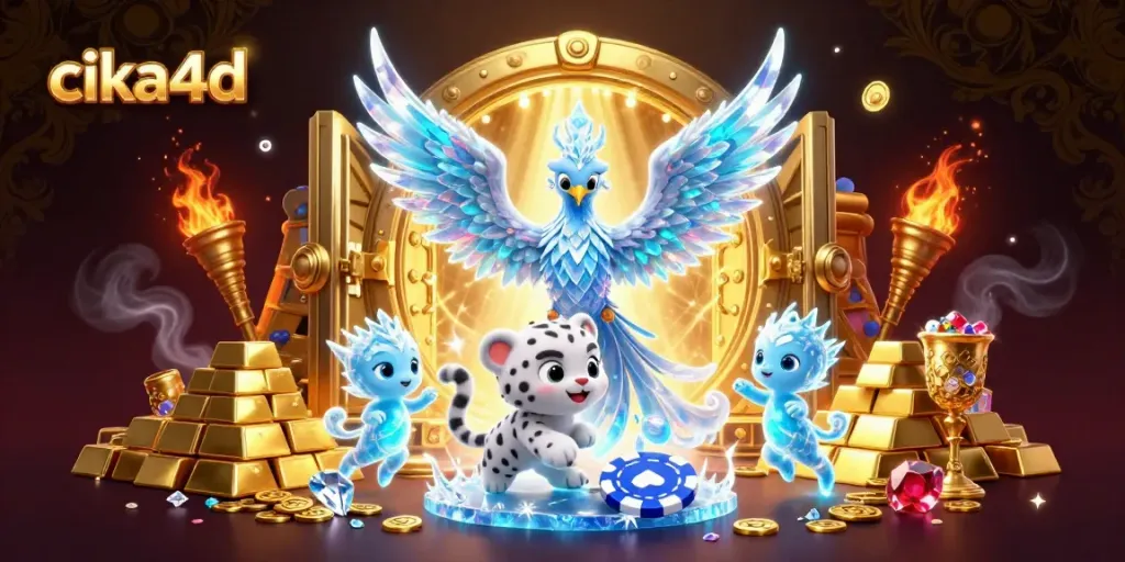 Experience cika4d with dynamic 3D characters and casino treasures in a vibrant illustration.