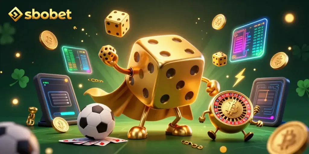 Engaging sbobet sports betting scene featuring a whimsical golden dice golem surrounded by dynamic elements.