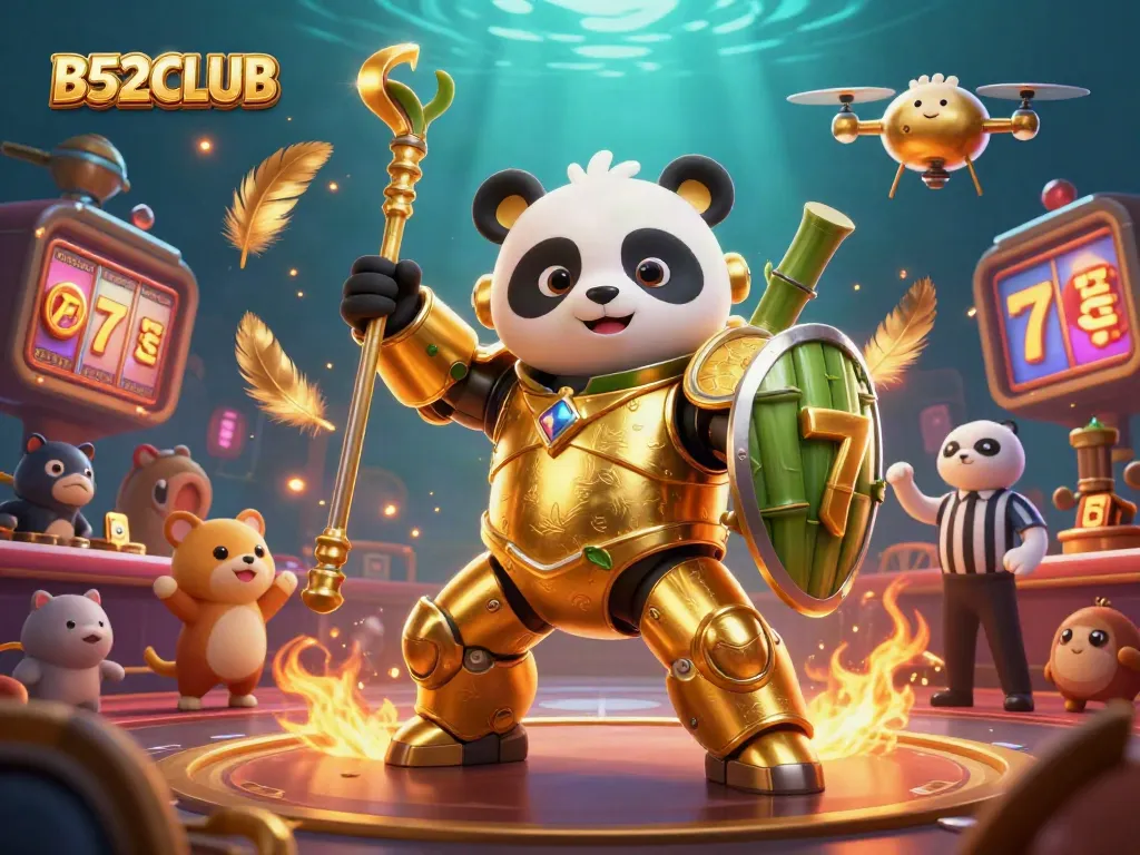 Experience thrilling gameplay with B52CLUB as a golden panda battles in a vibrant casino arena.