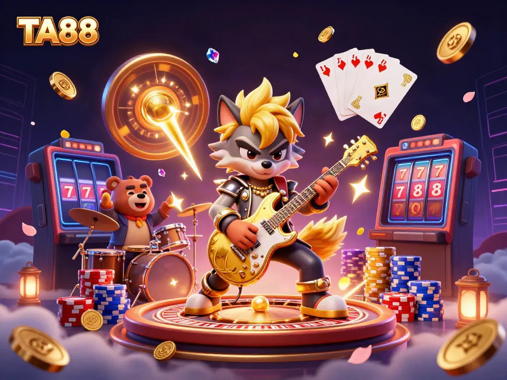 TA88 showcases a dynamic casino scene with a rock star wolf and a drummer bear amid golden coins and vibrant game elements