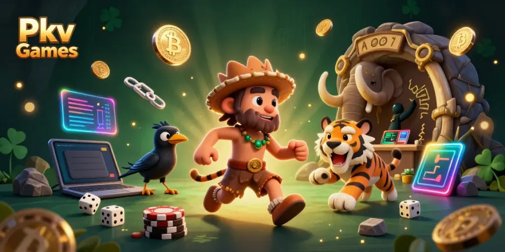 Join the action in Pkv Games with vibrant characters in a prehistoric casino setting.