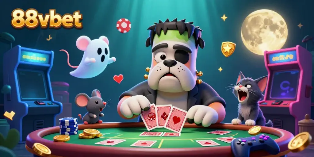 Experience the thrilling atmosphere of 88vbet with a 3D cartoon scene of a bulldog monster dealing cards surrounded by vibrant casino elements.