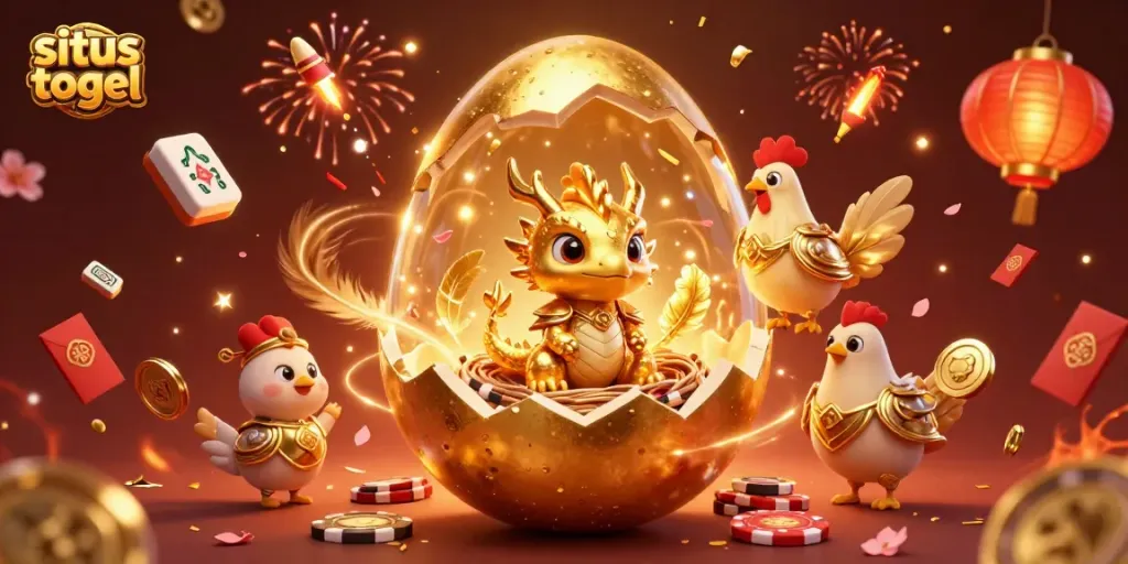 Experience situs togel excitement with a baby dragon and golden casino treasures in a vibrant celebration.