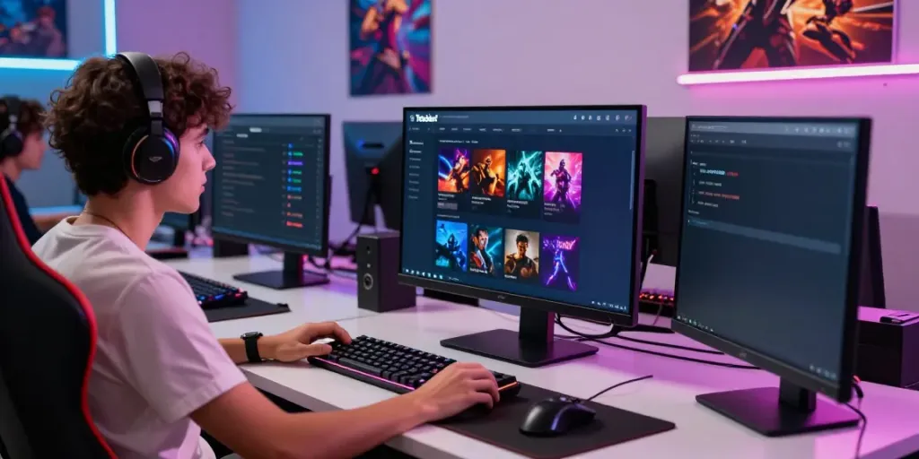 Engaged user enjoying the Totobet platform in a vibrant digital workspace with gaming accessories.