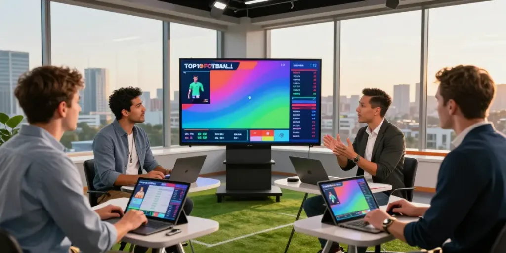 Diverse sports analysts discussing TOP10FOOTBALL statistics in a modern studio.