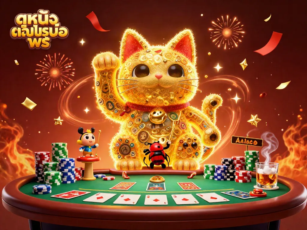 Experience the thrill of ดูหนังออนไลน์ฟรี with a colorful, engaging scene featuring a lucky cat and vibrant casino elements.