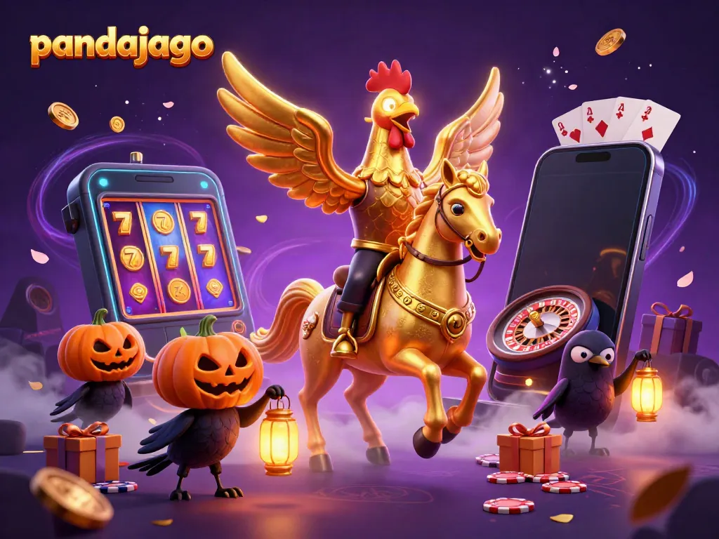 Pandajago menampilkan kalkun emas misterius di kasino malam yang ramai, beraksi di tengah slot permainan.