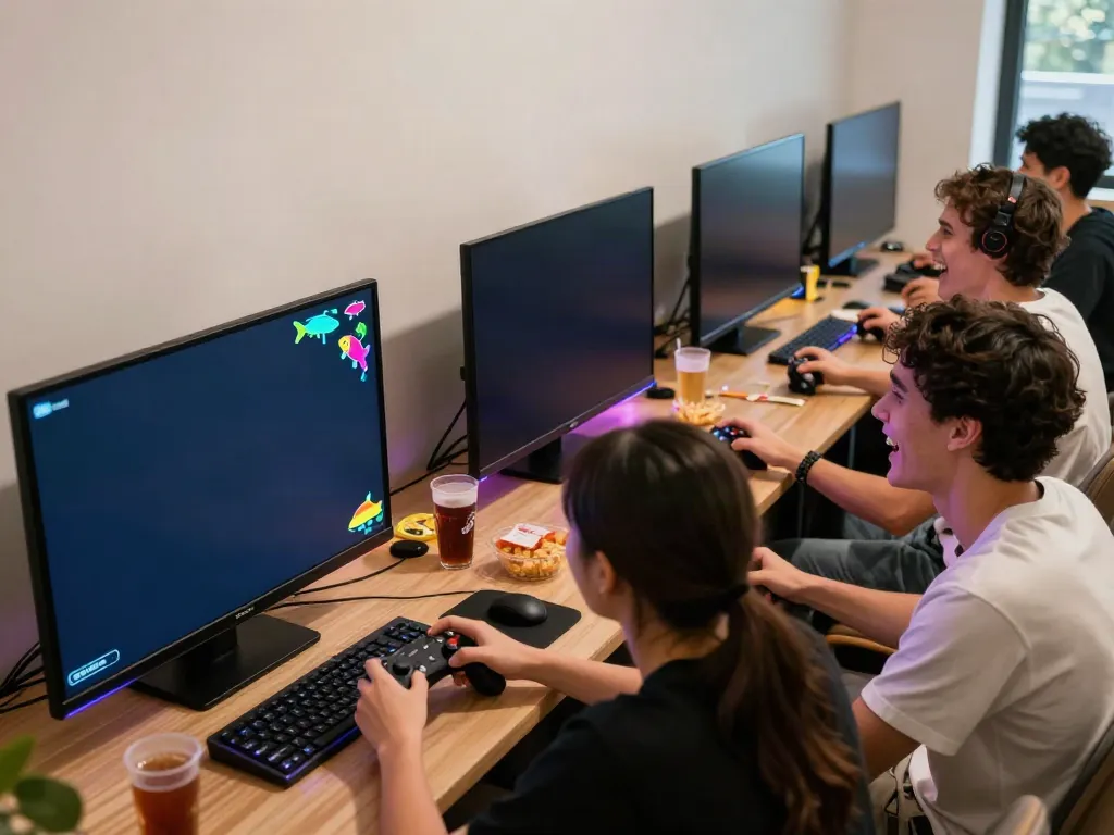 Exciting scene of friends enjoying lại là Bắn cá đổi thưởng in a vibrant gaming environment.