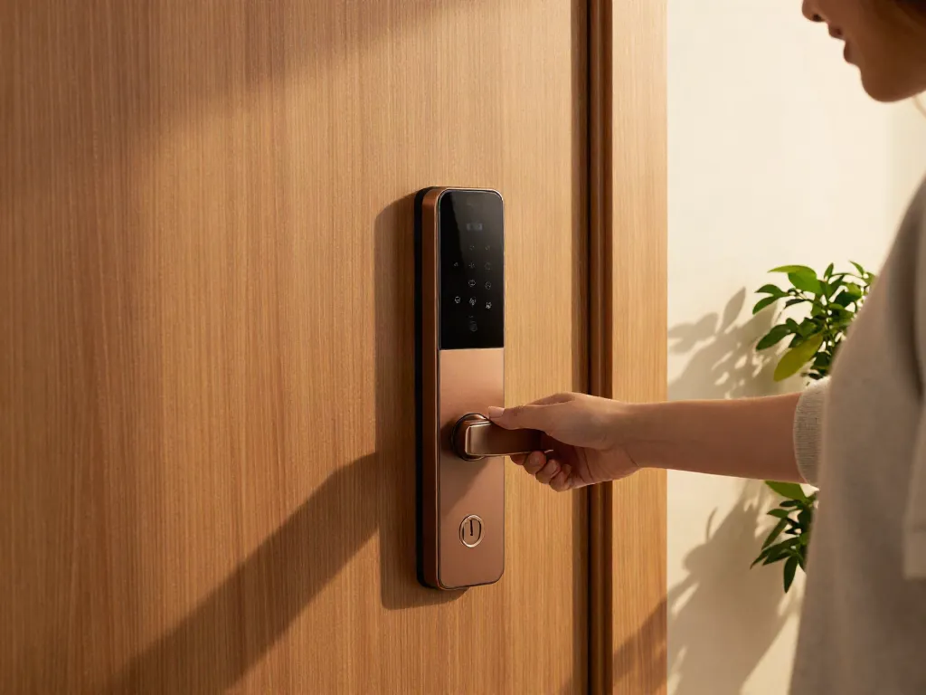 Discover the benefits of خرید قفل هوشمند with a sleek smart lock at a modern home entrance.