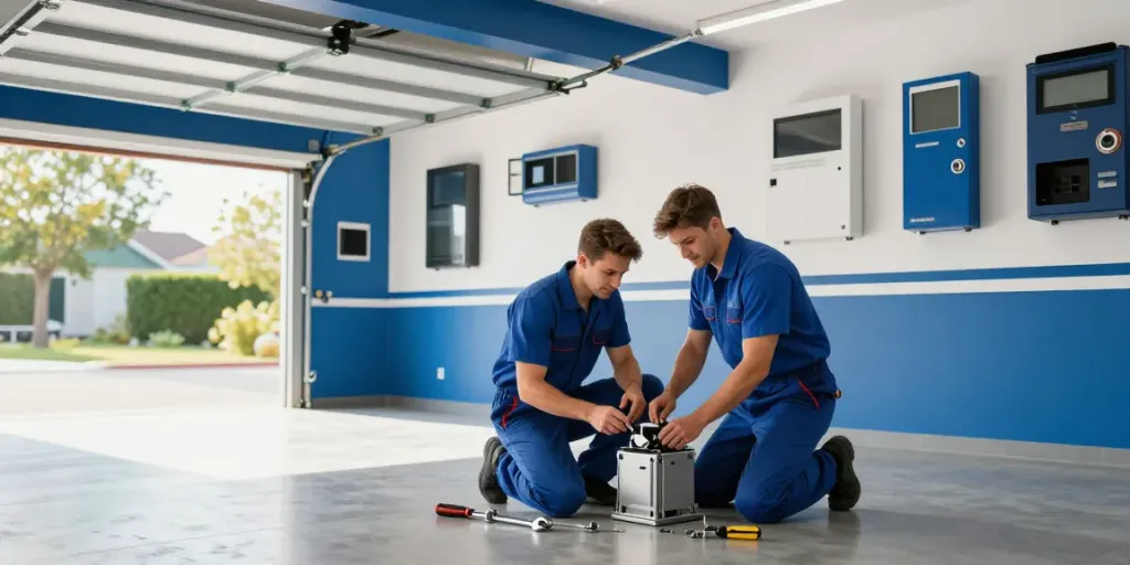 Garage door fitters near me providing same-day repair services in a bright garage.