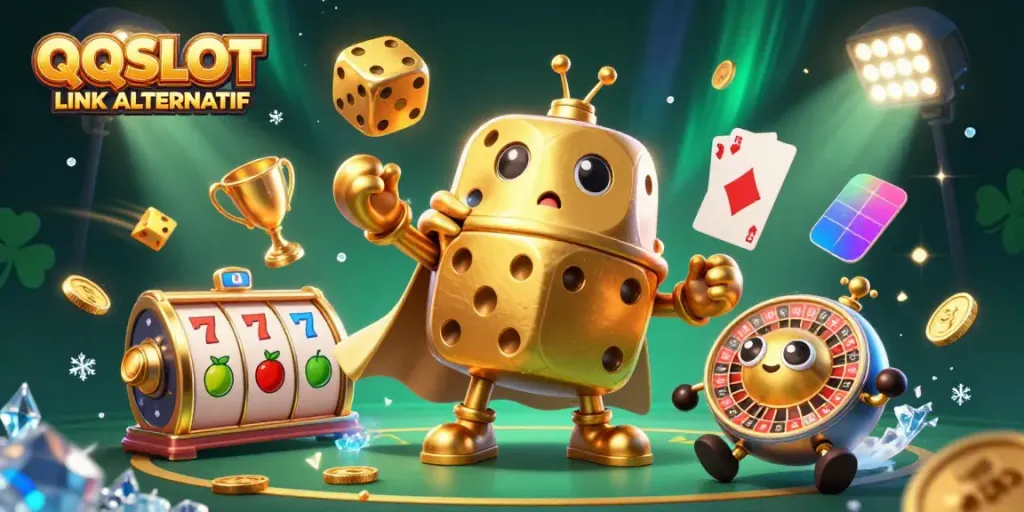 Engage with QQSLOT LINK ALTERNATIF through a vibrant 3D animation featuring golden dice and casino elements.