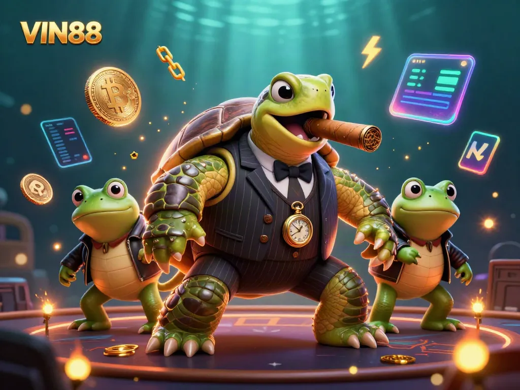 Experience the thrill of VIN88 with a mobster turtle and bullfrog enforcers in a rich casino scene.