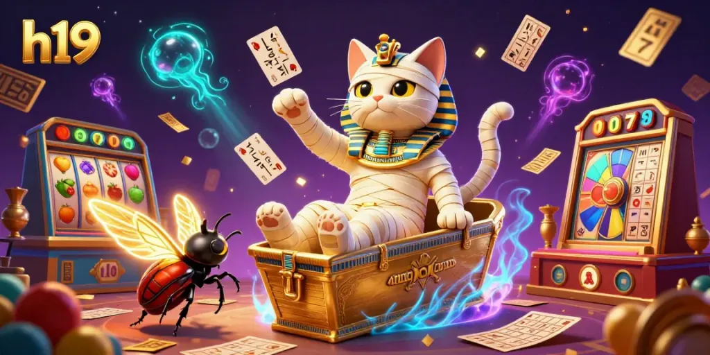 Engage in exhilarating gaming adventures at h19 with a vibrant pyramid casino scene featuring a mummy cat and exciting slot elements.
