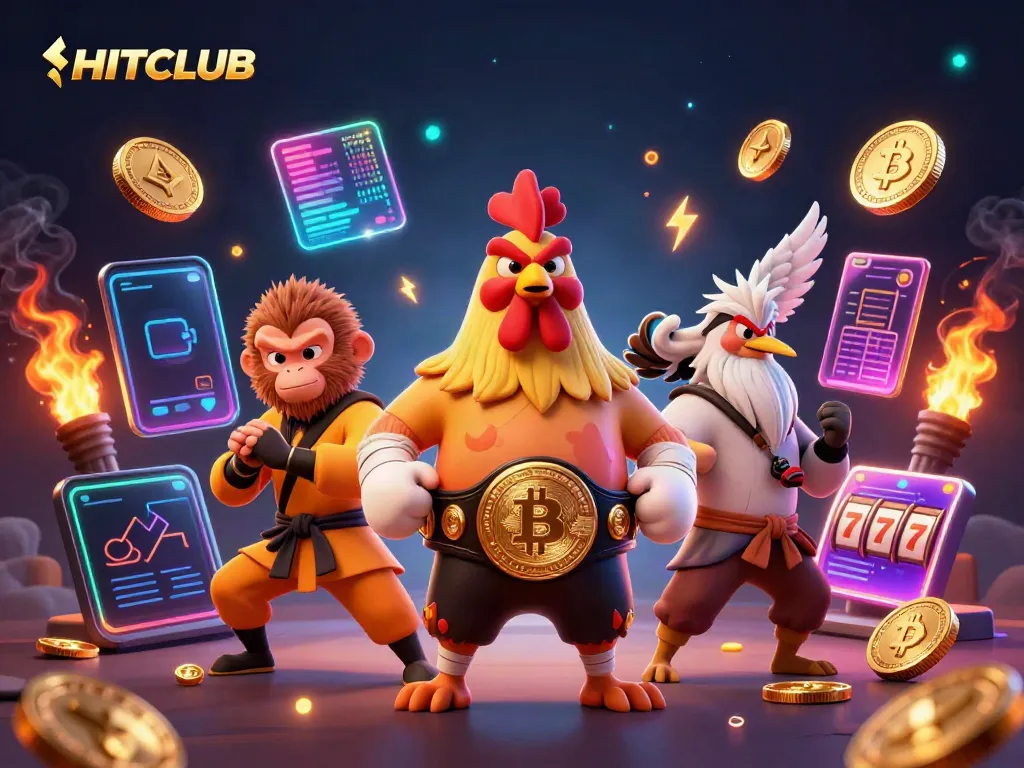 Engage with HITCLUB's dynamic gaming scene featuring a Muay Thai rooster, martial artist monkey, and crane master.