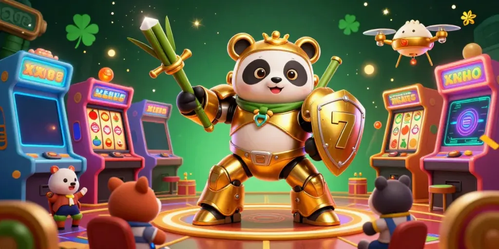 Engage with the thrilling XX8 casino world, featuring slot reels and a golden panda pilot.
