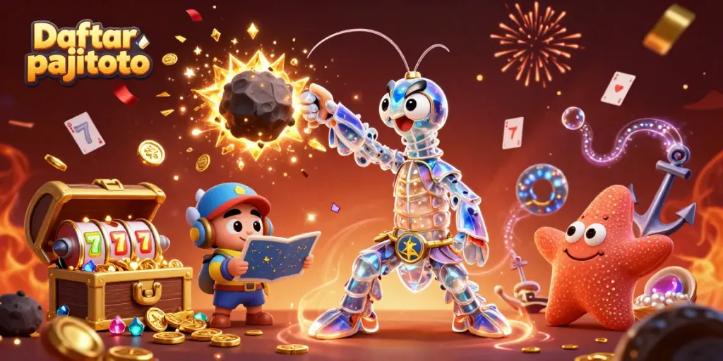 Engage with Daftar pajitoto through an exciting scene where a galactic samurai mantis shrimp breaks through asteroids, revealing treasures.