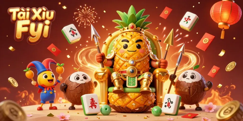 Tài Xỉu Fyi showcases a vibrant 3D casino scene with a pineapple king and festive elements.