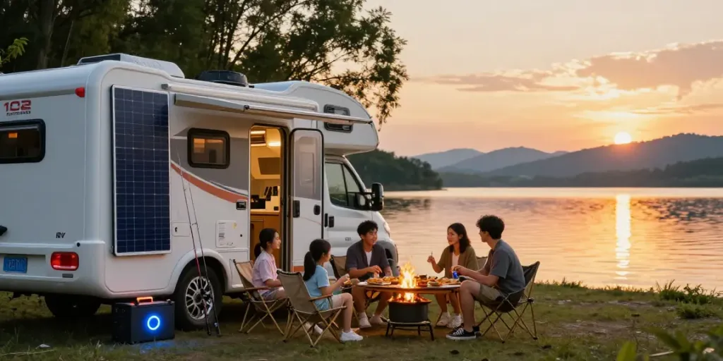 Family enjoying RV camping with 12v batteries at serene lake during sunset