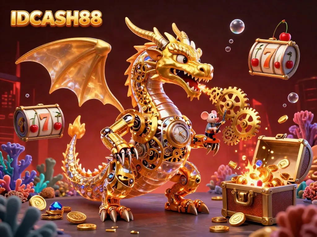 Experience thrilling gameplay with IDCASH88 through an ultra-detailed 3D illustration showcasing dynamic casino elements.