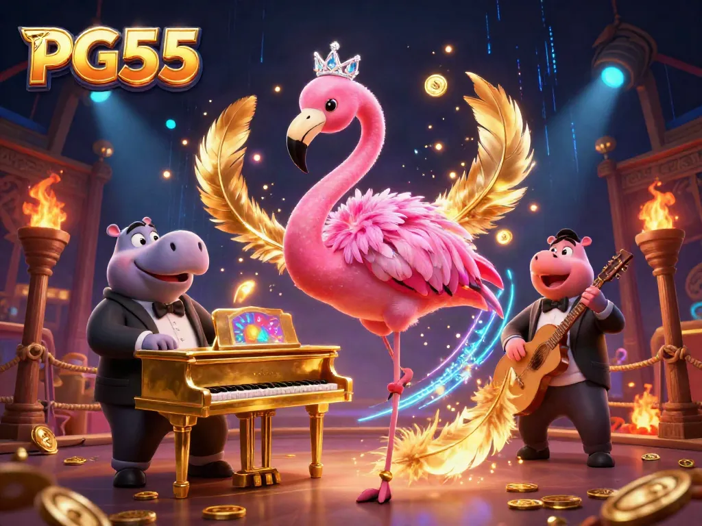 Experience exciting gameplay at PG55 with glamorous characters surrounded by casino game elements.