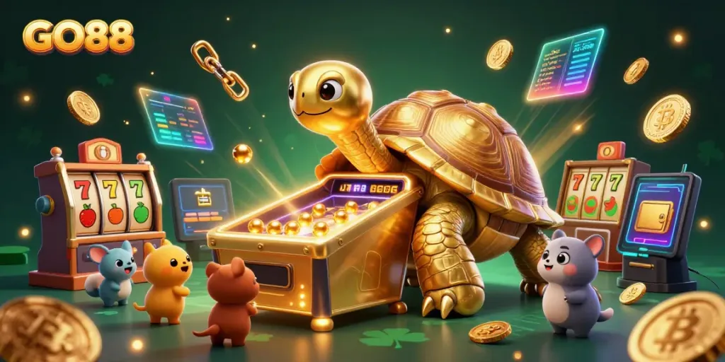 Experience the excitement of GO88 with a vibrant 3D casino scene including a golden tortoise pinball machine and glowing slot elements.