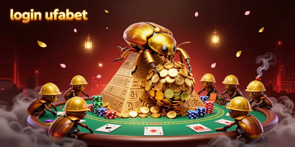 Experience thrilling gameplay with login ufabet, featuring golden beetles and vibrant poker elements.