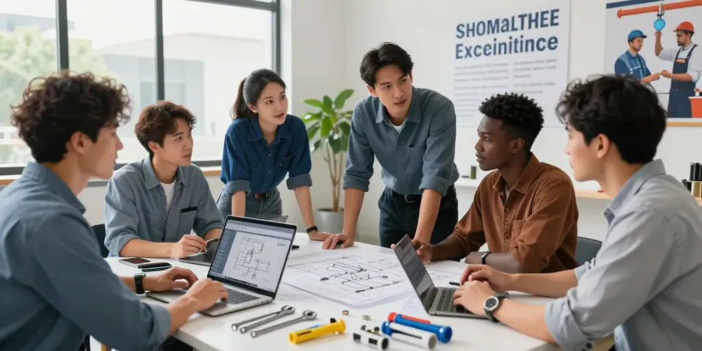 Plumbing Business Software used in a team meeting to enhance project management and collaboration