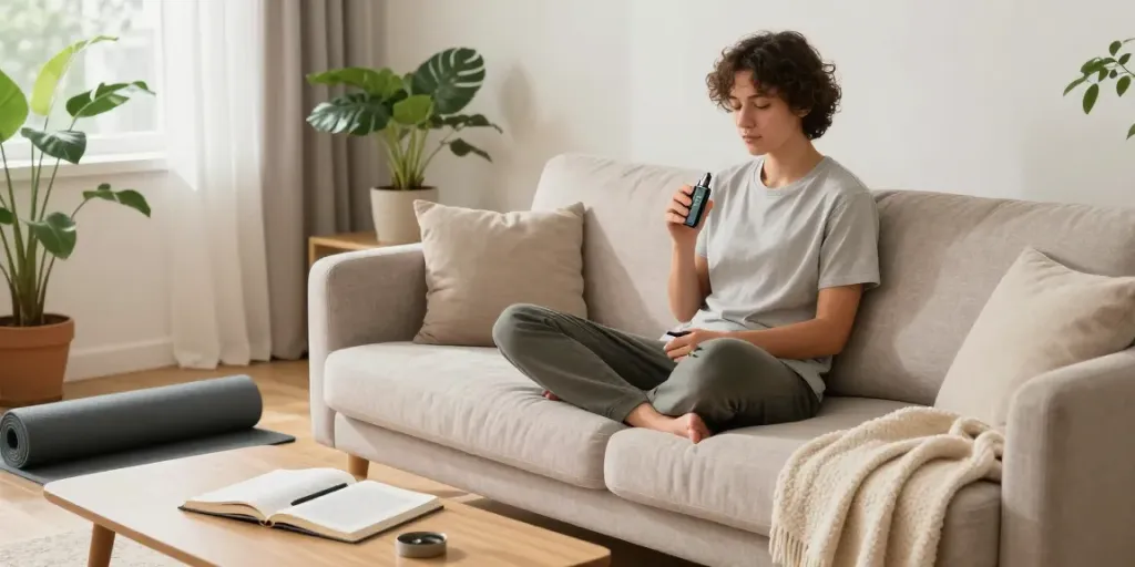 Natural wellness moment with sg lana vape device, cozy living room setting.