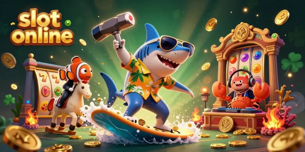 Spin the reels and win big in this vibrant slot online scene featuring a shark, clownfish, and crab DJ.