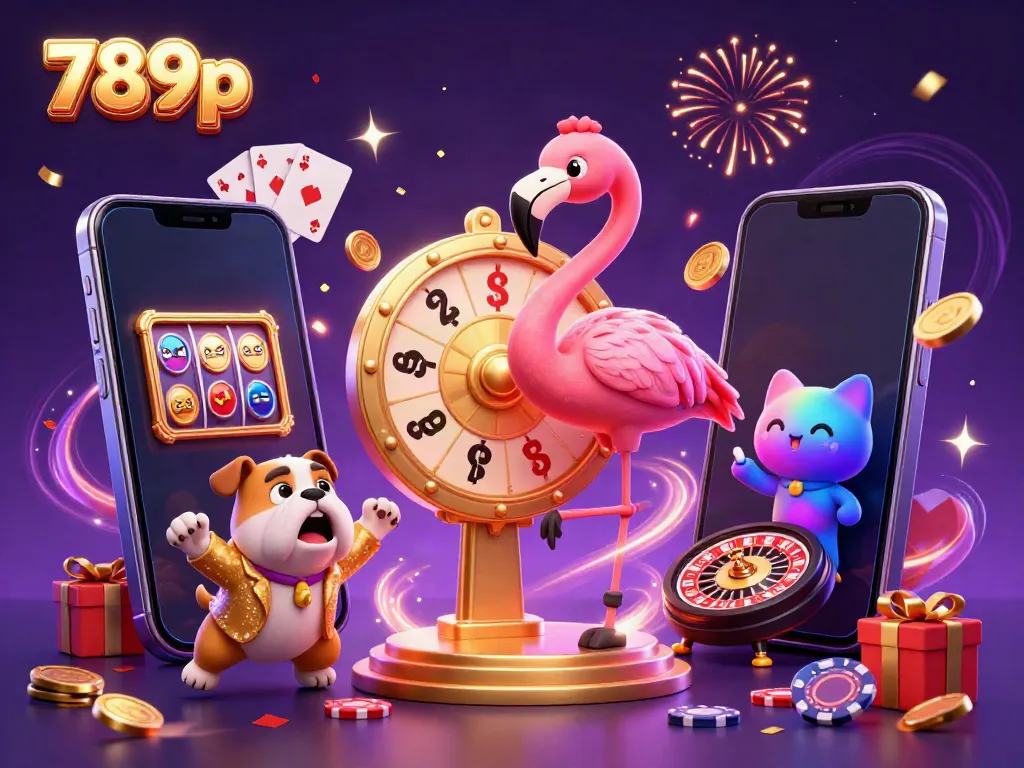 Join the excitement at 789p casino with a lively game show scene, featuring a flamingo, bulldog, and cat.