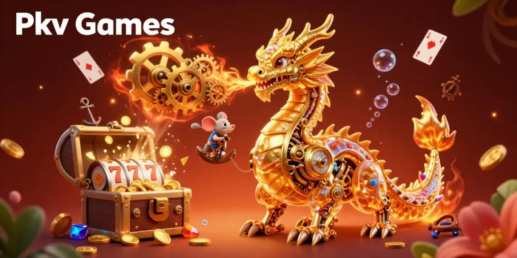 Experience thrilling gameplay with Pkv Games featuring a biomechanical dragon and vibrant casino elements.