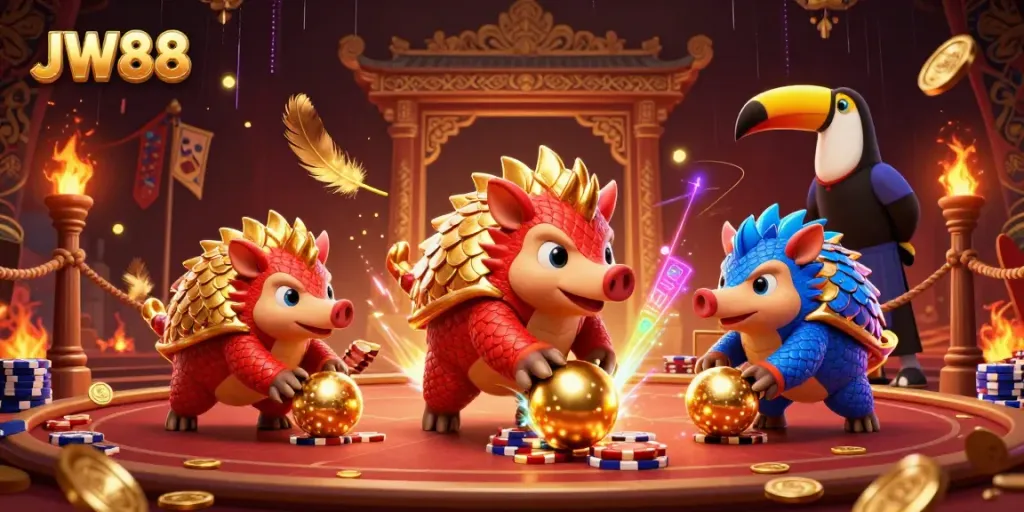 JW88 pangolins bowling through poker chips in a vibrant, action-packed casino scene.