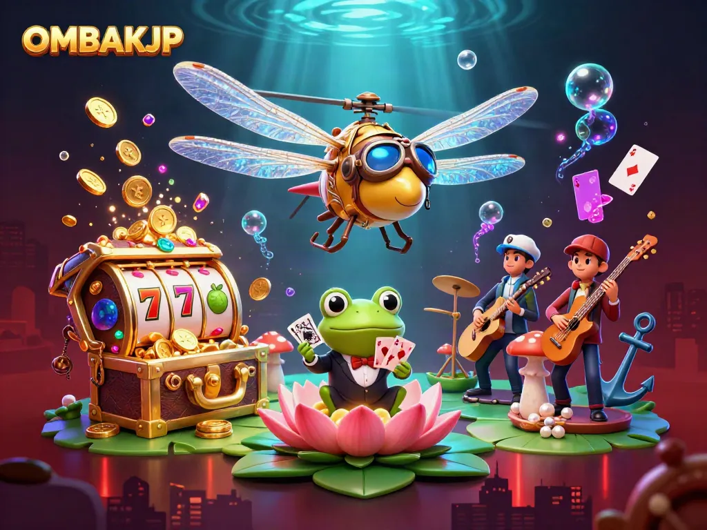 Engage with OMBAKJP at an exciting lily pad casino, featuring a dragonfly pilot and frog croupier.