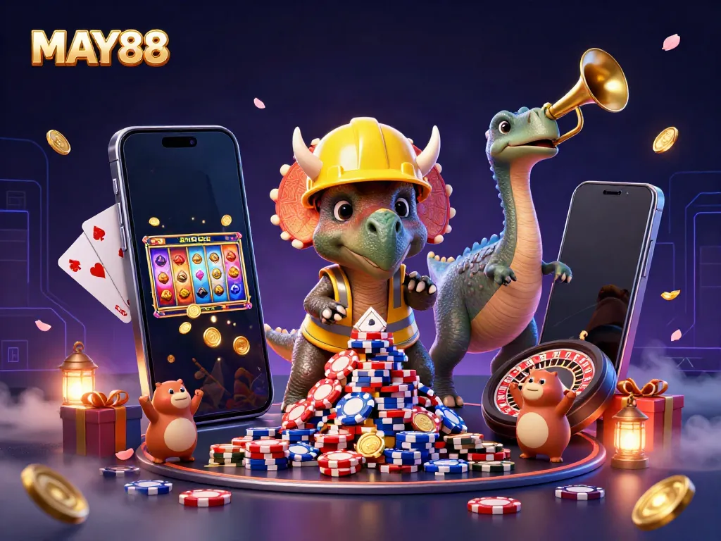 Engage with MAY88's casino excitement featuring a triceratops building poker chip pyramids.
