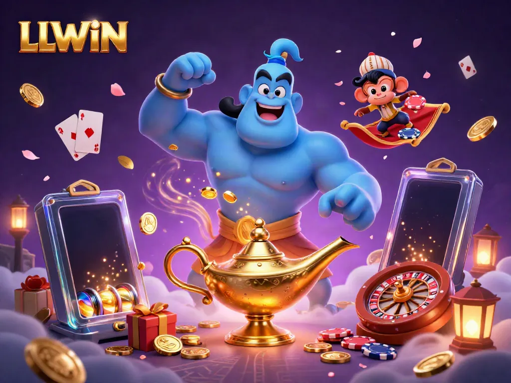 Experience thrilling gaming action at LLWIN with a vibrant 3D casino scene featuring a magical genie and slot games.
