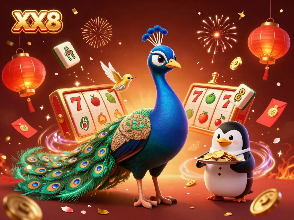 Experience excitement with the XX8 theme featuring a peacock, butler penguin, and golden chips in vibrant casino art.
