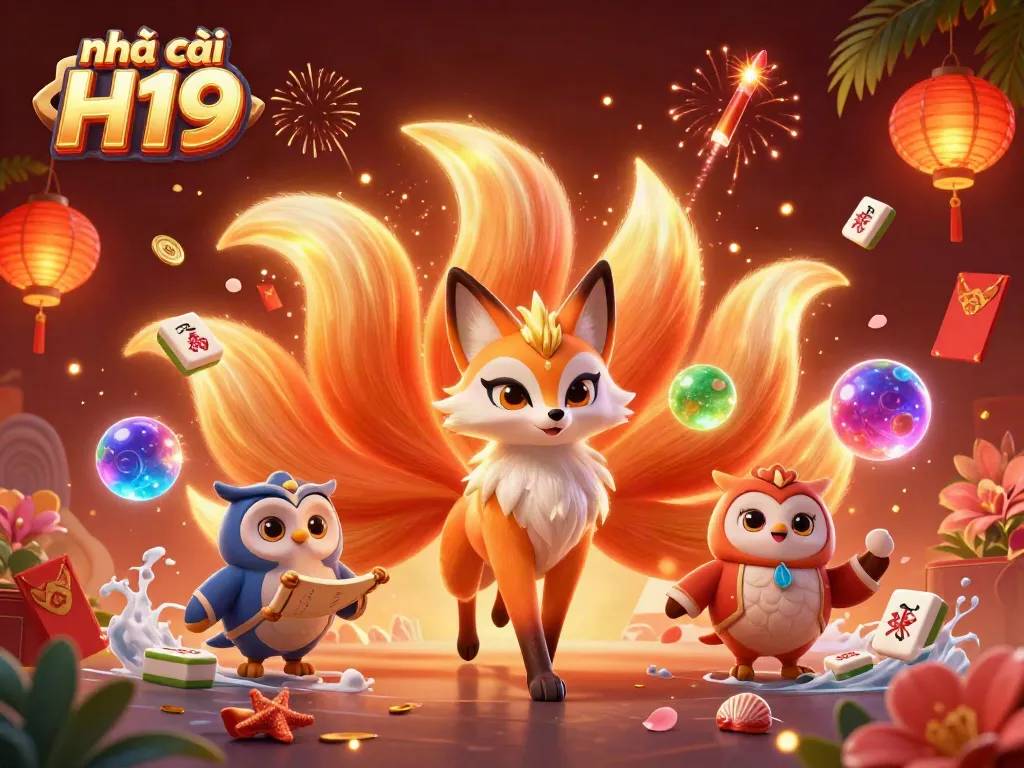 Engage with nhà cái H19's vibrant casino spirit featuring a colorful nine-tailed fox and magical elements.